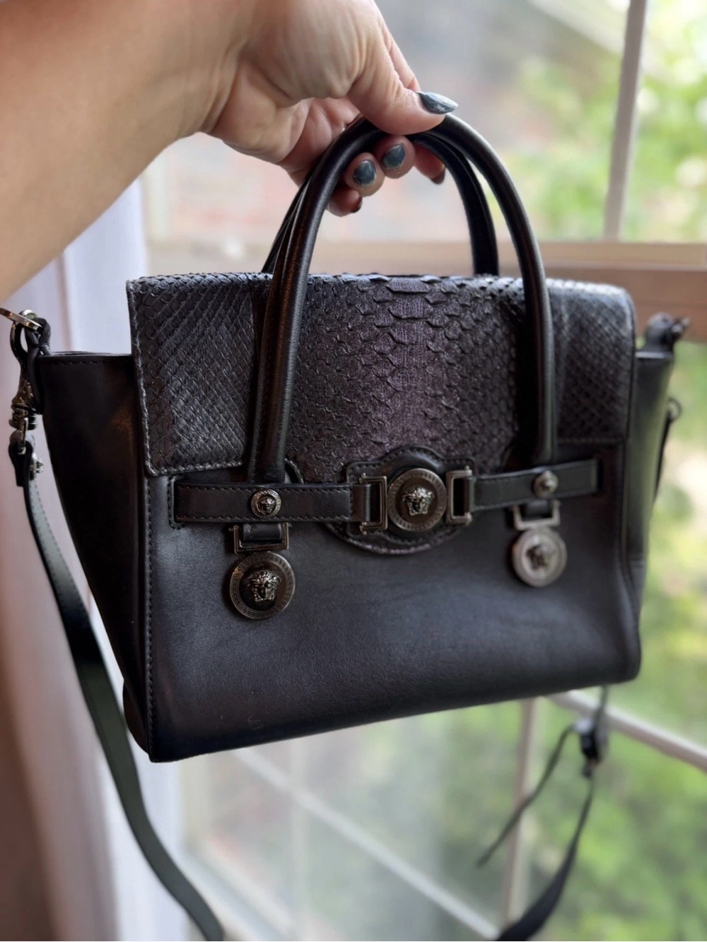 VERSACE Signature Python Leather Black Purple Medusa RARE Handbag PREOWNED